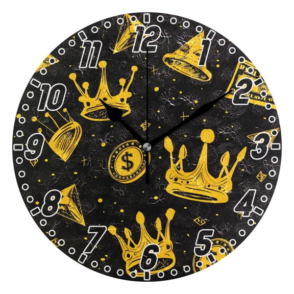 Dollars Coin Crown Round Wall Clock Battery Operated Silent Non-Ticking Bedroom Office Kitchen Home School Decor 10"(Black)