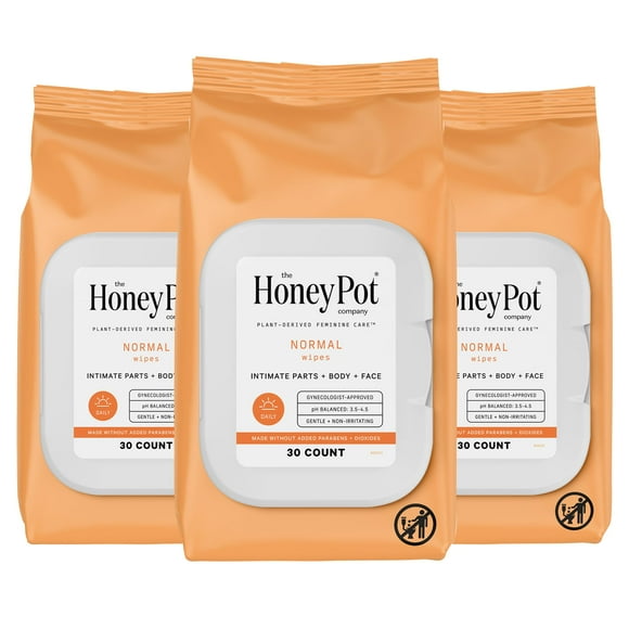 The Honey Pot Company - Feminine Wipes - Daily PH Balancing, Fragrance & Sulfate Free Wipes for Intimate Parts, Body, or Face - Hygiene Products - Normal 30 ct (Pack 3)