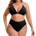 thumbnail image 5 of Agnes Orinda Women's Plus Size Bikini Set Ribbed Two Piece Bathing Swimsuits Halter Pearl Strap Triangle Top with High Waisted Shorts 1X Black, 5 of 8