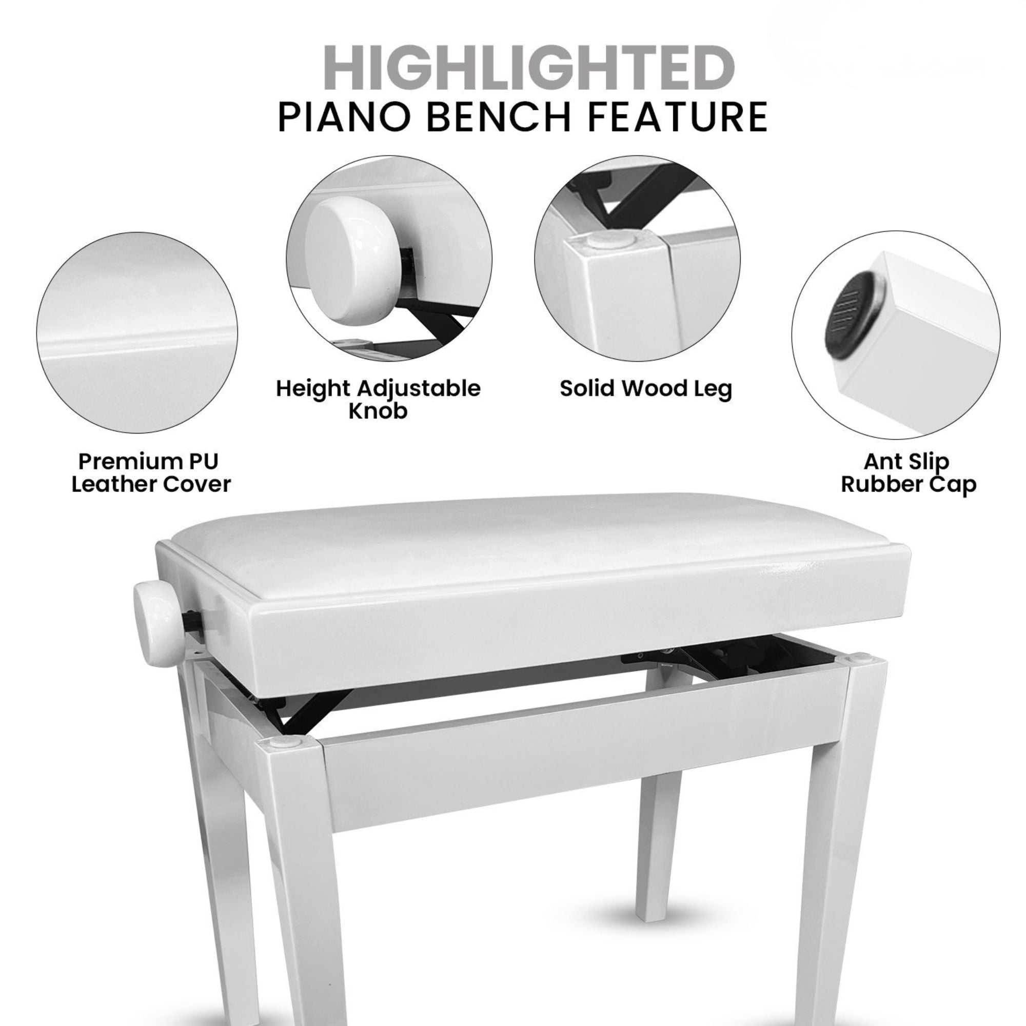 Adjustable Piano Bench - Padded Solid Wood Keyboard Stool (18"-22") - White