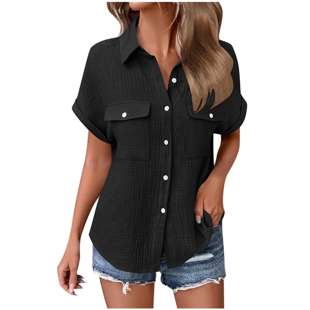 Craaazy Ladies Oversized Short Sleeve Tunic Tops, Lightweight Cotton Shirt, Turndown Collar Button Up Blouse with Chest Pockets for Everyday Outfits Gifts