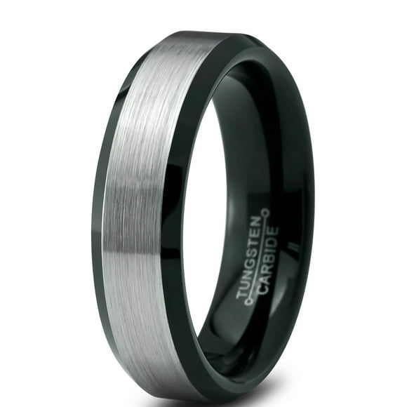 Tungsten Wedding Band Ring 6mm for Men Women Comfort Fit Black Beveled Edge Polished Brushed Lifetime Guarantee