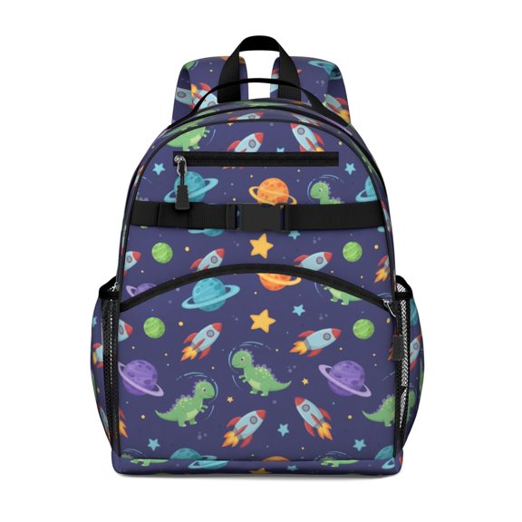 Dinosaur and Rocket Navy Blue Pattern Cute School Backpack Bag for School with Padded Back and Adjustable Shoulder Straps 15.25"x11.5"x5.25"