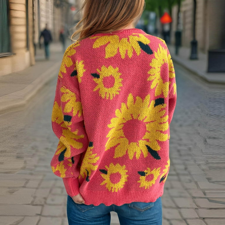 WRKEKC Women's Sunflower Jacquard Crewneck Knit Pullover