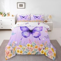 Homewish Butterfly Animal Kids Queen Comforter Set, Kawaii Dreamy Animal Bedding Sets, Rustic Farmhouse Flower Reversible Bedding Comforter Set, Ultra Soft Bedroom Decor, 3 Pieces
