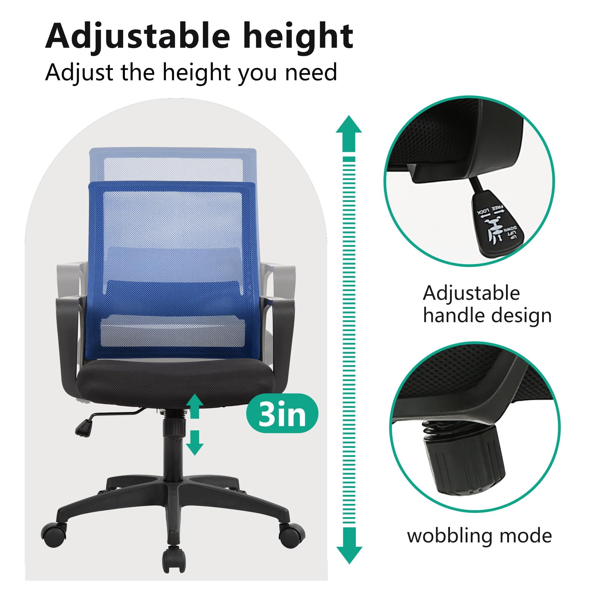 YRLLENSDAN Mesh Office Chair with Wheels Rolling Desk Chair with Arms Mesh Computer Chair for Adults Conference Room Chair Study Chair Adjustable Height,Blue