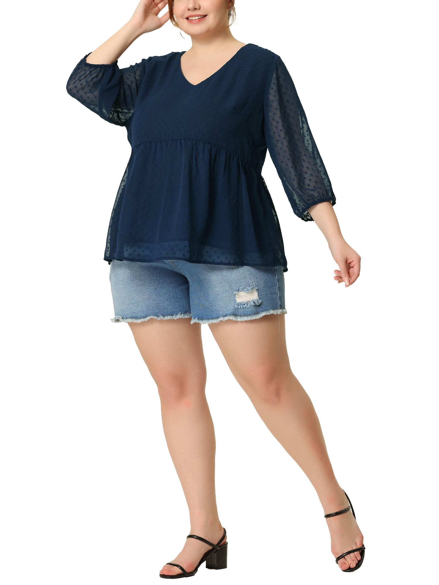 Unique Bargains Women's Plus Size Chiffon Tops Babydoll Swiss Dots Blouses