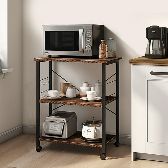 Winado 3-Tier Mobile Kitchen Serving Cart Microwave Oven Stand Kitchen Islands Bakers Rack with 10 Hooks for Living Room, Home, Office, Vintage/Black