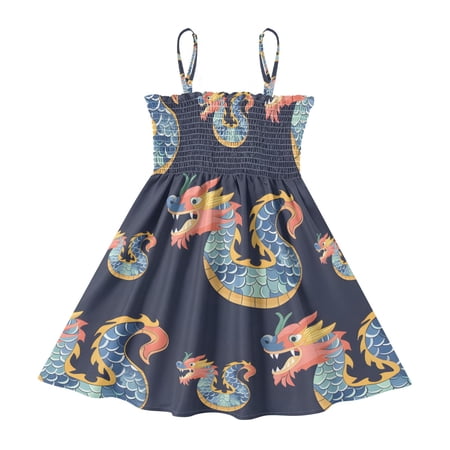 DALAWU Lightweight Cartoon Chinese Loong Smocked Sundress Adjustable Strap Flowy A-Line Summer Dress