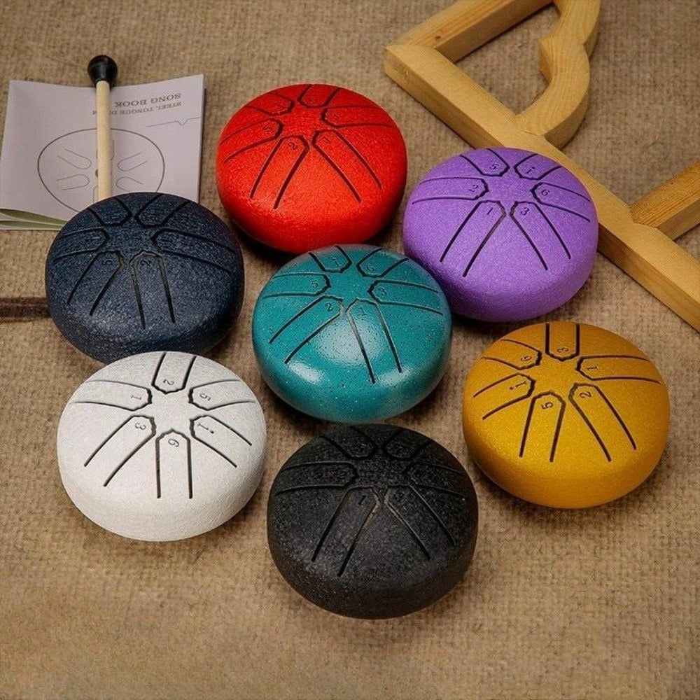 3-inch 6-tone Portable Steel Tongue Drum, 1 Count Compact Stress-relieving Meditative Instrument with Drumsticks & Music Notes, Musical Instrument for Adults