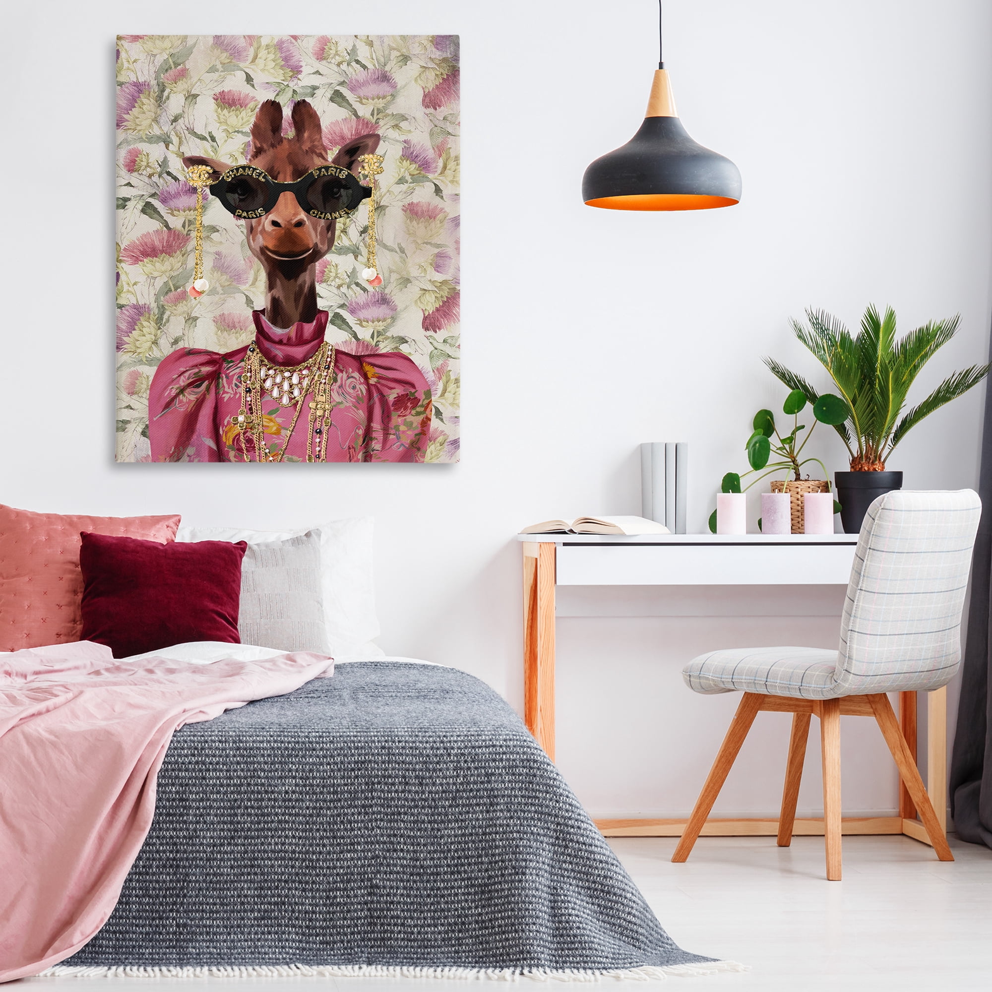 Stupell Industries Fancy Giraffe on Florals Animals Painting Wrapped Canvas Art Print Wall Art, 36 x 48