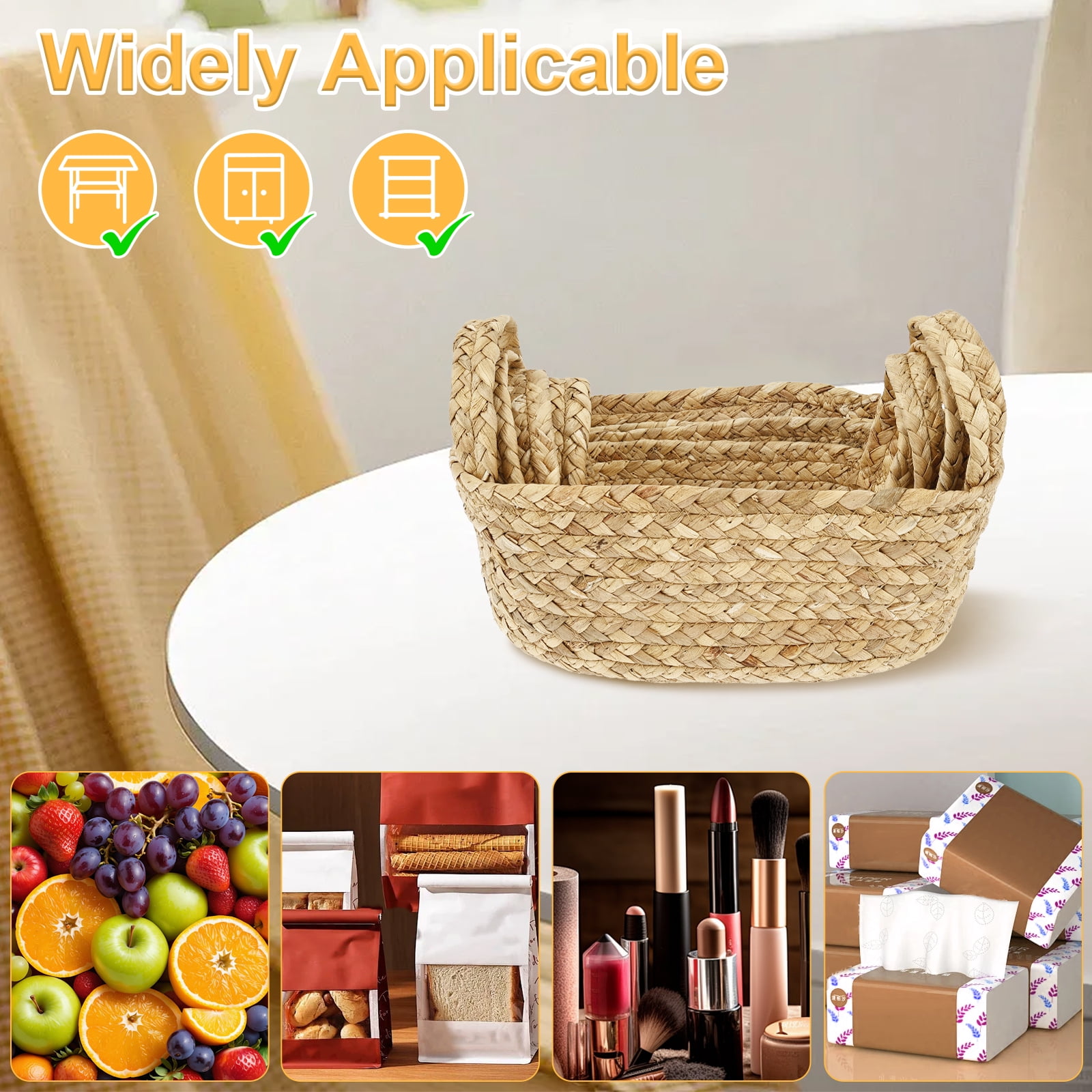 FKSZLL 4Pcs Woven Storage Basket with Handle Decorative Baskets for Shelves Decor Hemp Rope Storage Baskets Bin for Organizing Fruit Vegetable Snacks