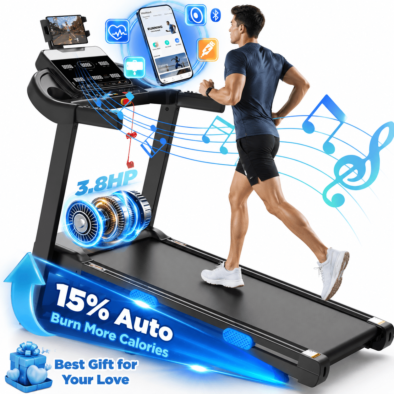 3.8 HP Foldable Treadmill for Home, Treadmill with 15% Auto Incline, Treadmill 300 lb Capacity, Heart rate monitor, Jogging walking treadmill, Walking Pad Treadmill with Handle Bar,Exercise Equipment
