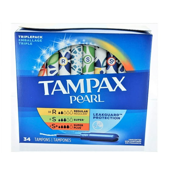 Tampax Tampons Pearl Triple Pack 34 Count Unscented 18 Regular 8 Super 8 (2 Pack)