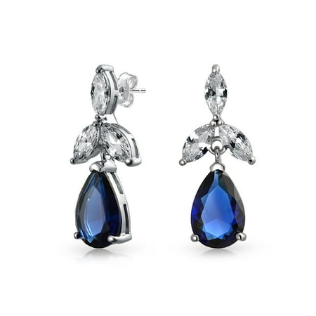 Blue Chalcedony Dangle Cubic Zirconia Blue Large Teardrop CZ Prom Pageant Statement Dangle Earrings Simulated Sapphire925 Sterling Silver ()