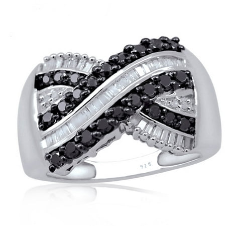 JewelersClub 1.00 CTW Round & Baguette cut Black & White Diamond X Band Sterling Silver Ring