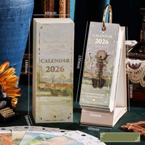 2026 Desk Calendar Vintage Oil Painting Design One Page A Day Tear Off Pad with Gold Foil Stand Office Desk Organizer Countdown Planner for Home Office Decor and Gift Idea