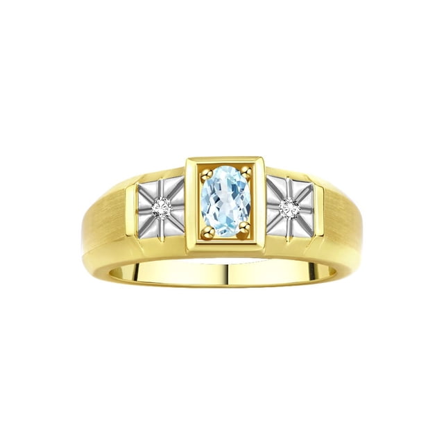 RYLOS Men's Rings Yellow Gold Plated Silver Classic 6X4MM Oval Gemstone & Diamond Ring Aquamarine March Birthstone Rings For Men, Silver Rings, Size 12