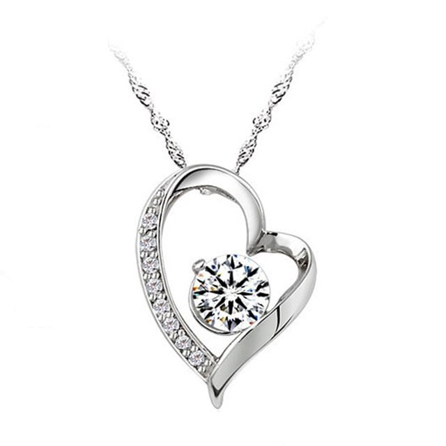 rosa eterna con joyas de plata 925, collar de caja de rosas para mujer, rosa roja preservada, regalo para ella en navidad, día de san valentín, día de la madre, cumpleaños — collar de plata 925 con colgante en forma de corazón e infinito, vista frontal centrada; corazón abierto con hilera de circonitas cúbicas en un lado y un circón de grado 5a en el centro, acabado pulido brillante y cadena fina retorcida sobre fondo blanco, embalaje listo para regalo, opción adecuada como presente romántico.