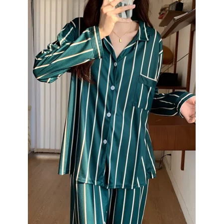 

Loose Casual Lapel-collar Pajama Set Pocket Button Casual Shirt Top Pajamas & Elastic Waistband Pants Women‘s Loungewear & Sleepwear