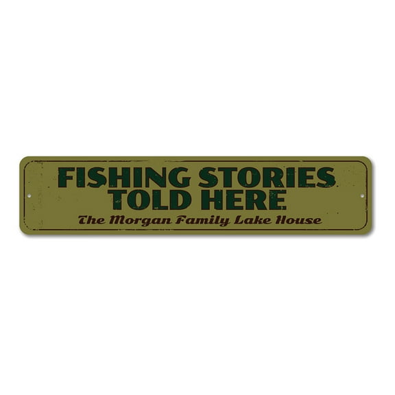 Fishing Sign, Fishing Stories Told Here Sign, Lake House Decor, Custom Family Name Aluminum Sign - 4x18 inches