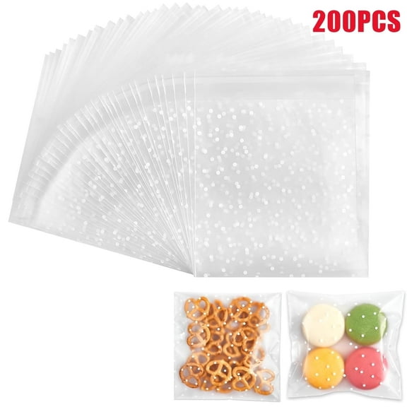 QZS 200 Pcs Self Sealing Cellophane Bags, Clear Cookie Bags, Individual Wrappers Treat bags for Packaging Cookies, Biscuit, Candy, Gift Giving (White Polka Dot, 2.2x2.2inches)
