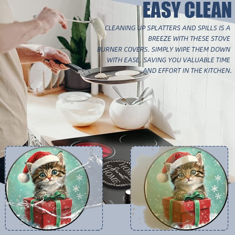 Christmas Burner Covers for Electric Stove, Christmas Cute Cat Xmas Present Metal Round Durable Round Gas Stove Burner Covers Set of 4, 8 Inches and 10 Inches
