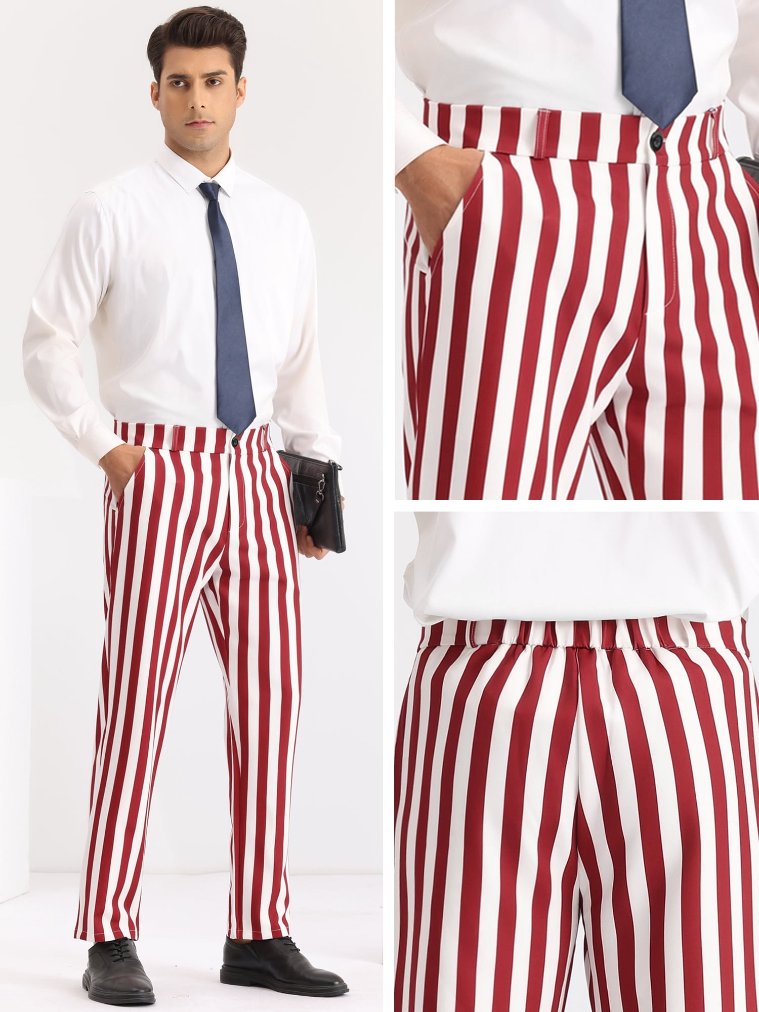 DARING DIVA Men's Striped Dress Pants Straight Leg Color Block Business Trousers 30 Red White