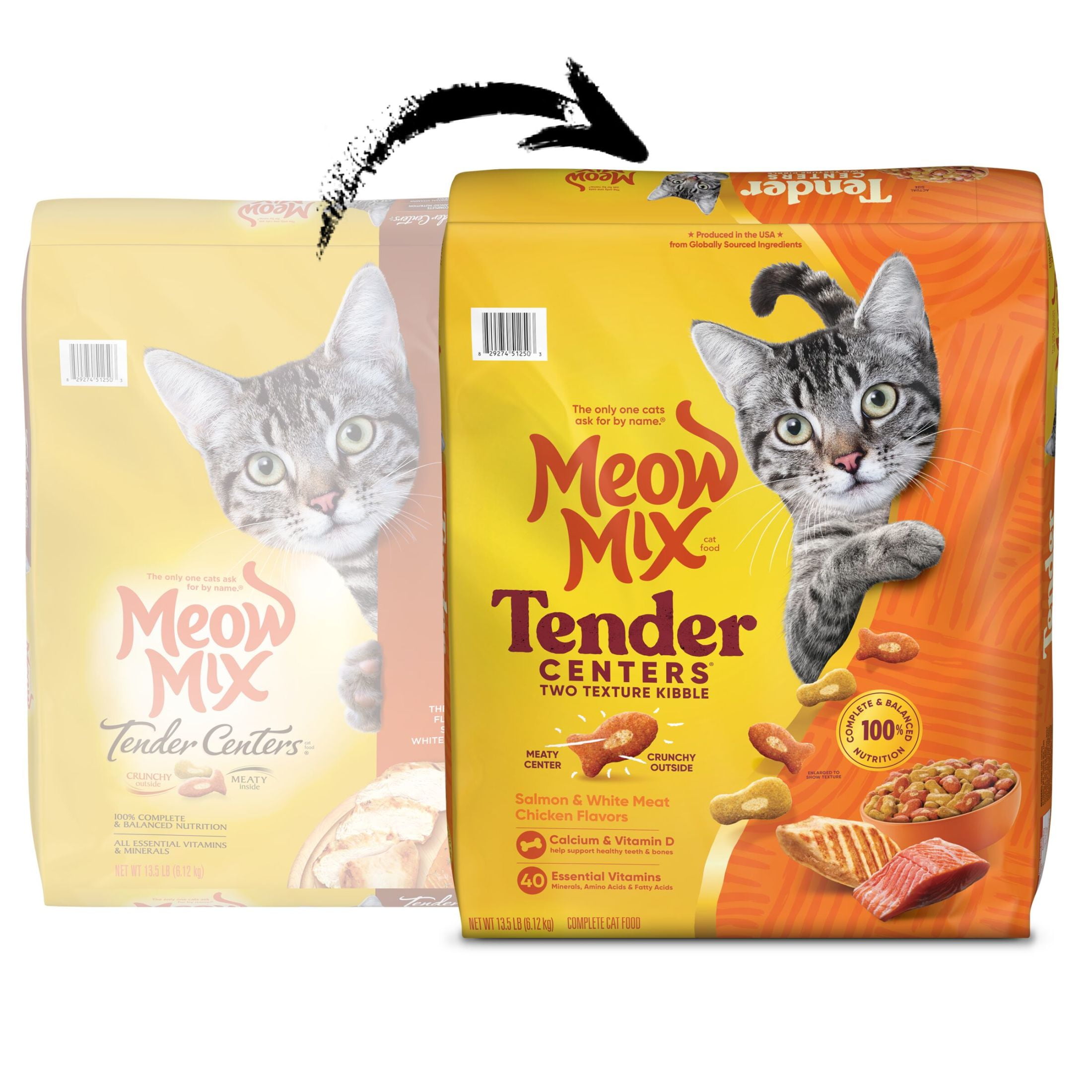 (4 pack) Meow Mix Tender Centers, Salmon & White Meat Chicken Flavors, Dry Cat Food, 13.5 lb. Bag