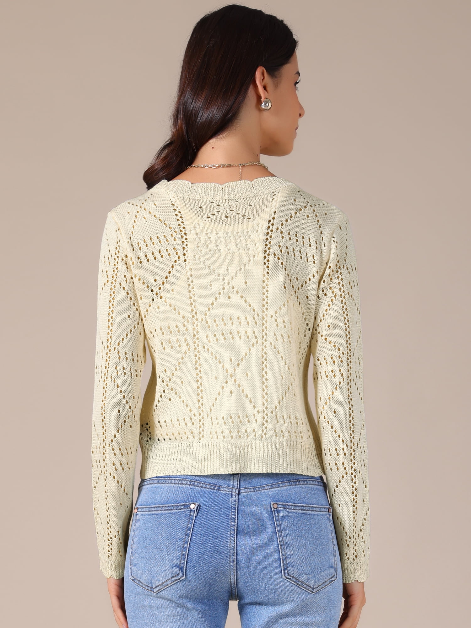 DARING DIVA Women's Long Sleeve Cropped Knit Button Up Crochet Cardigan S Beige