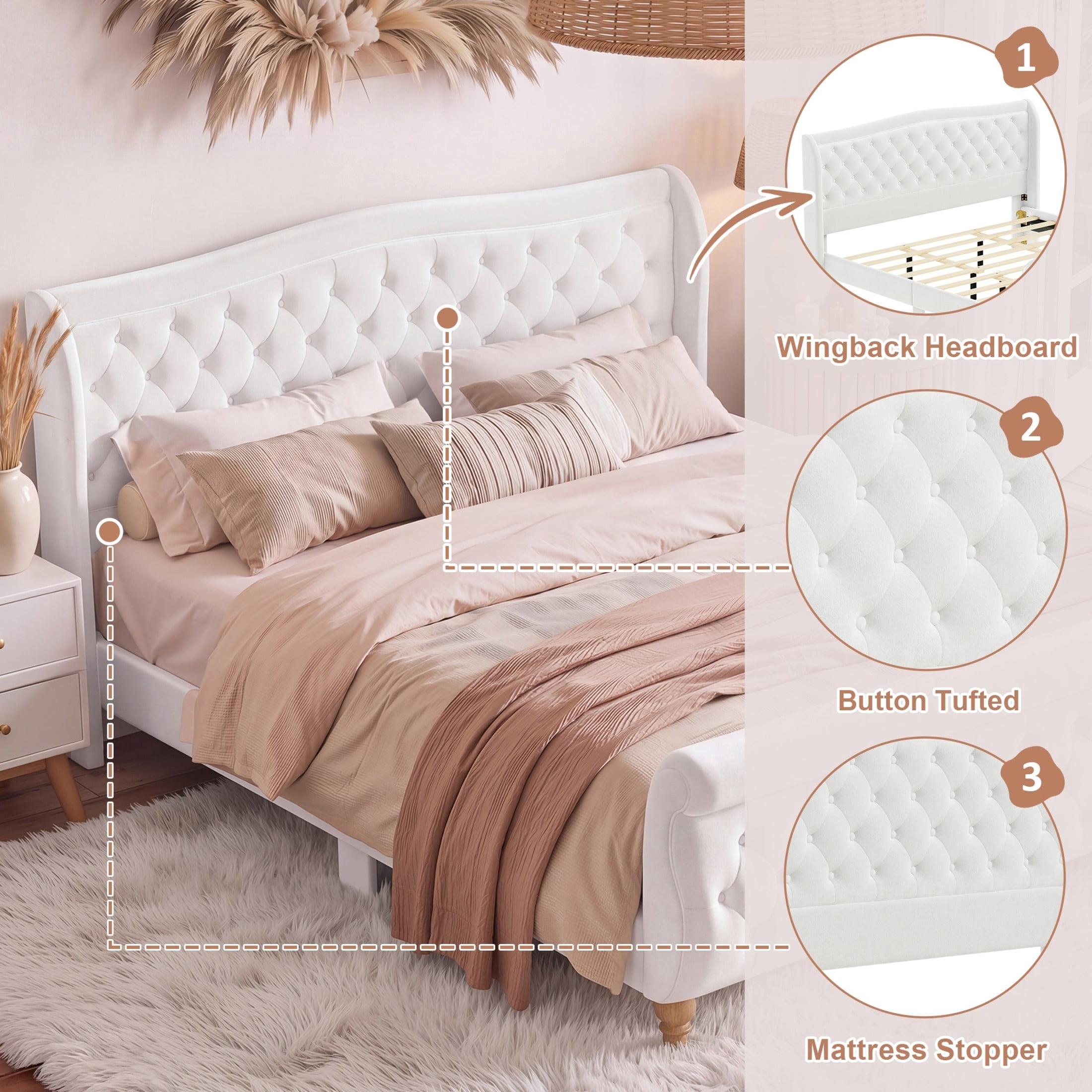 GDF Studio Orlan King Size Velvet Upholstered Sleigh Platform Bed Frame with Wood Slat Support, Modern Design, Beige