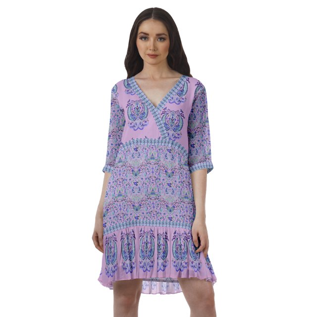 Moomaya Robe en Georgette Imprimée à Manches 3/4, Col en V, Grande Taille, Vêtements pour Femmes