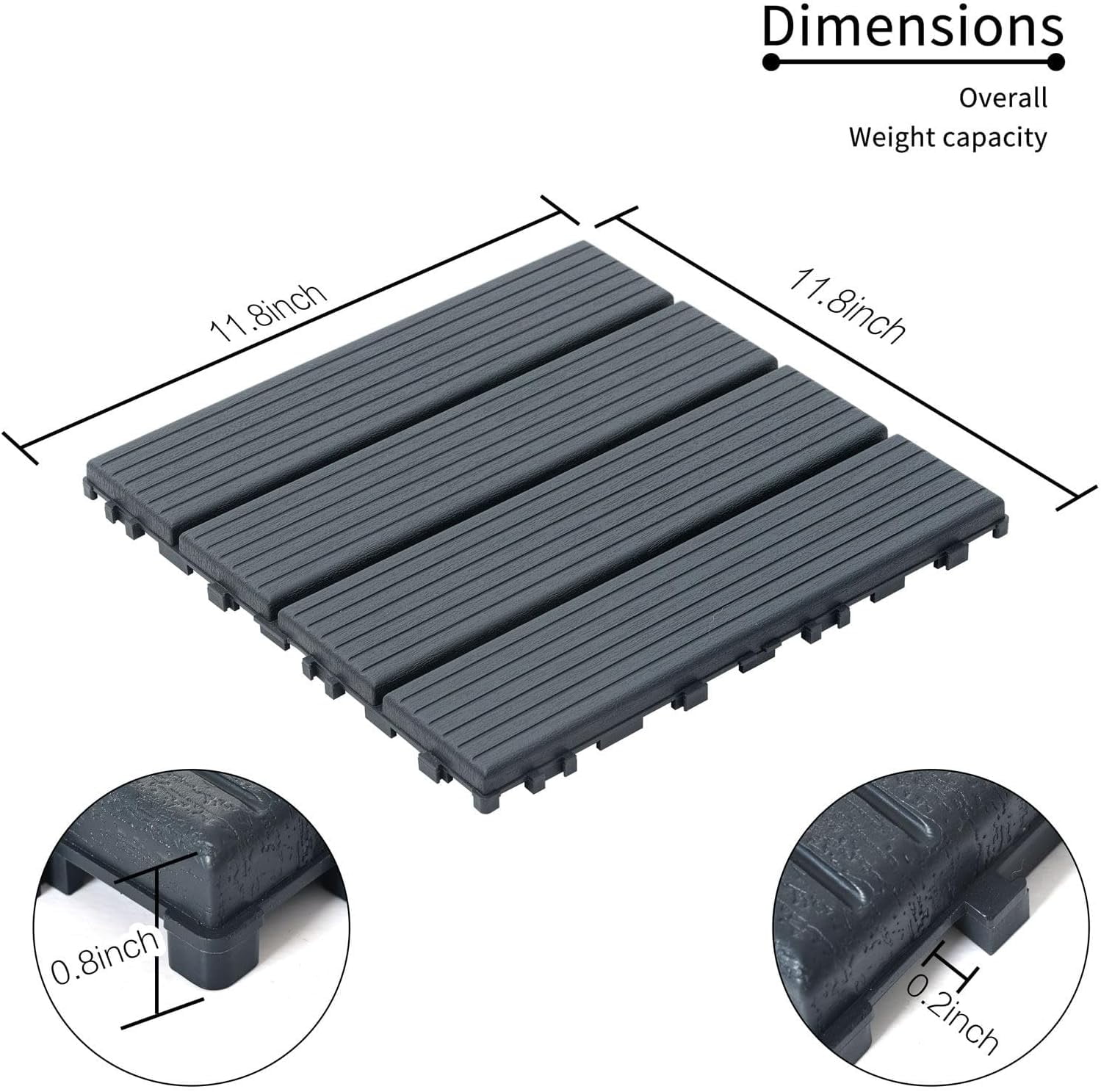 Miniyam 44-Pack Square 11.8"x11.8" Waterproof Deck Tiles, All-Weather, for Porch, Poolside, Gray(Small Straight line)