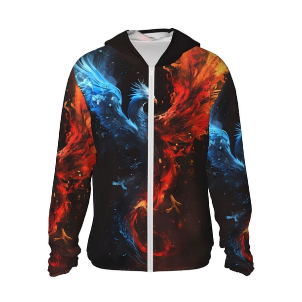 Fotbe Red And Blue Fire Bird Chaqueta con Protección Solar UPF 50+ para Hombre y Mujer, Camisa con Capucha y Bolsillos-Medium
