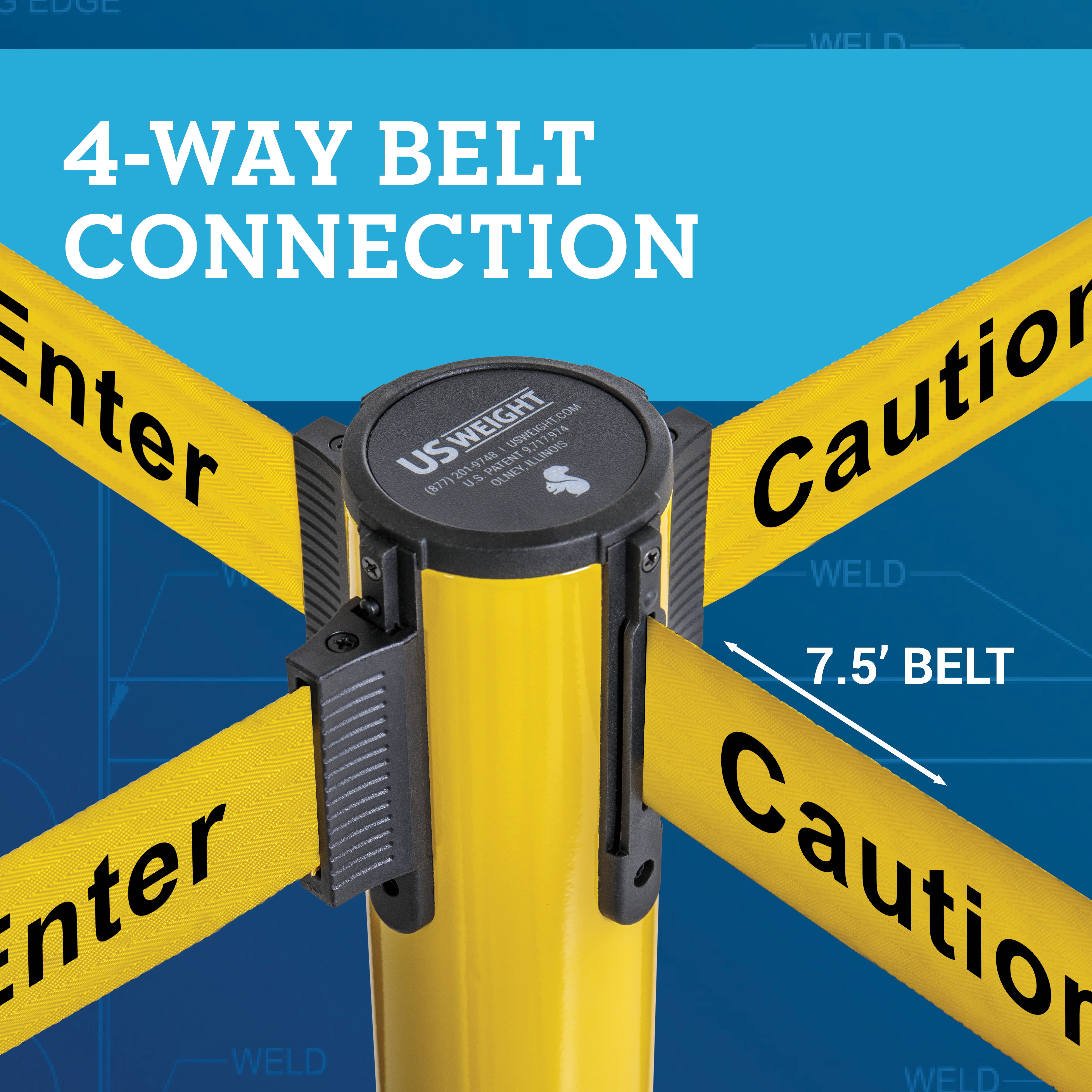 US Weight Heavy Duty Yellow Premium Steel Stanchion with 7.5-Foot Retractable Caution Belt - 2 Pack