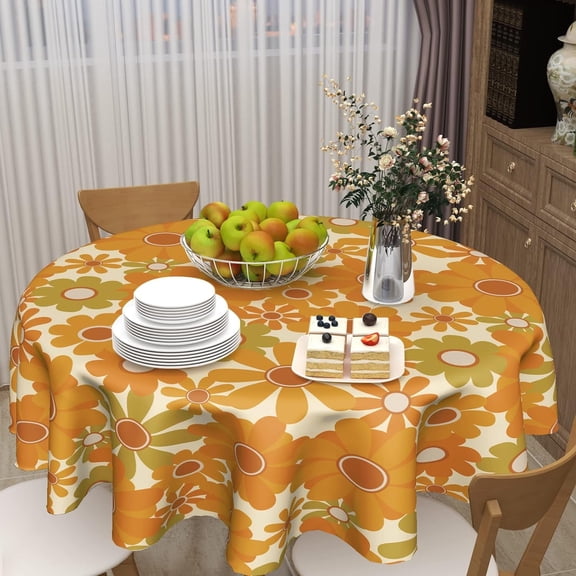 70''s Retro Sunflower Tablecloth Funky Floral Round Tablecloth 60 Inch Waterproof Tablecloth for Party Picnic Tabletop Dining Room Indoor and Outdoor Dining Decorative Patio