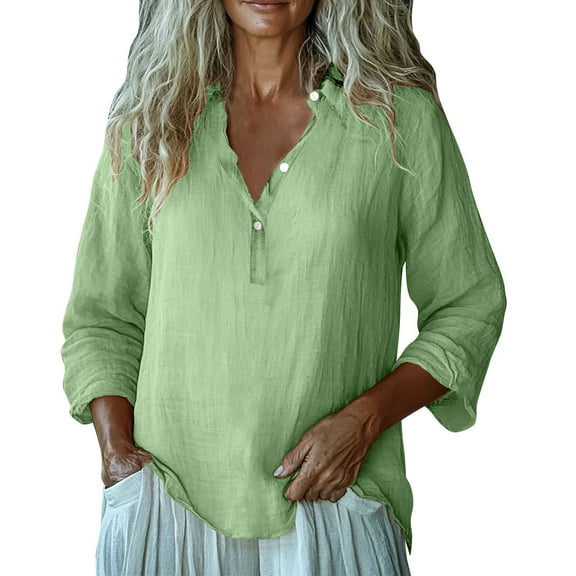Breezora Women's Linen Blend Relaxed Fit Long Sleeve Tops with Stylish Print V Neck Casual Blouse for Everyday Wear L Size Green