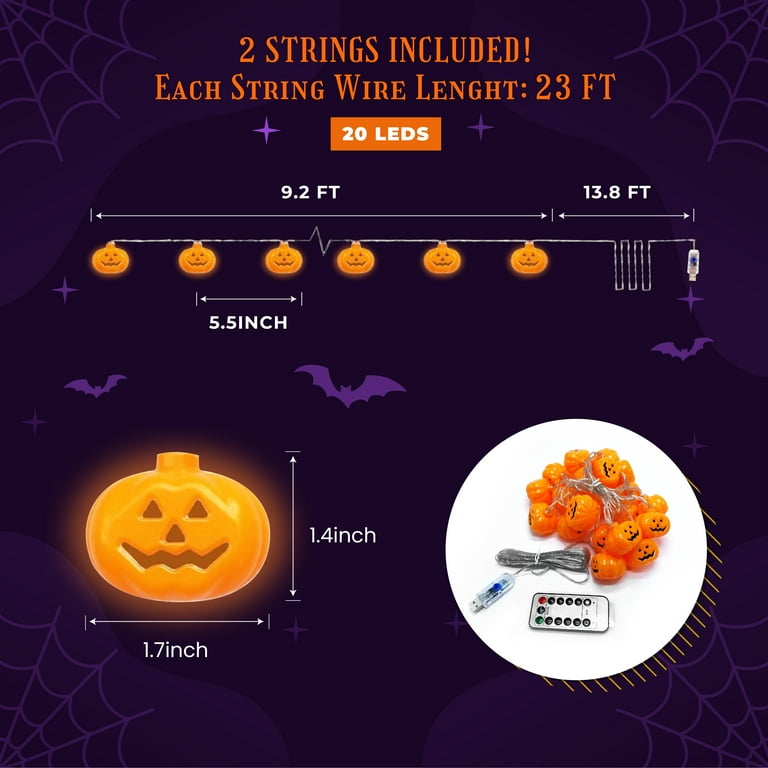 2 Pack - LED Halloween Pumpkin String Lights, 40 Bulbs