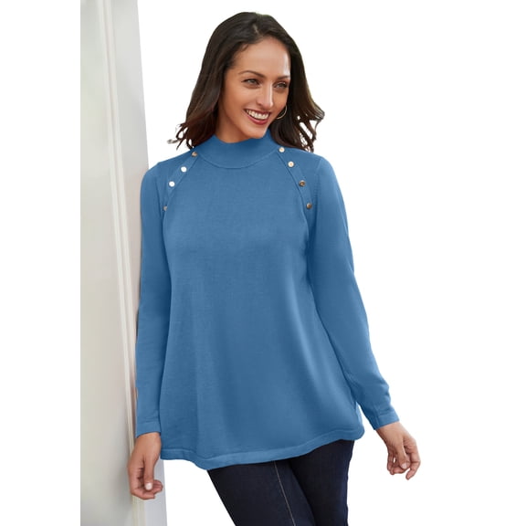 Jessica London Women's Plus Size Gold Button Mockneck Sweater