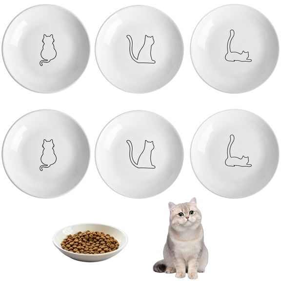 6 PCS Ceramic Cat Food Bowls, 5.9 x 1 in Shallow Wide Anti Whisker Fatigue Cat Plates, 6.8 oz White Feeding Dish Set with 3 Cat Line Art Designs for Dry Food Wet Food Treats Water