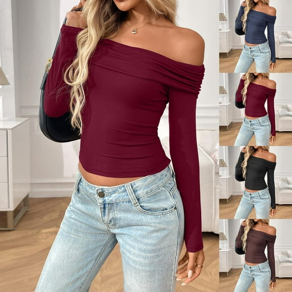 yillto Women off Shoulder Blouse Long Sleeve Ruched Crop Tops Going out Slim Fashion Tight Shirts