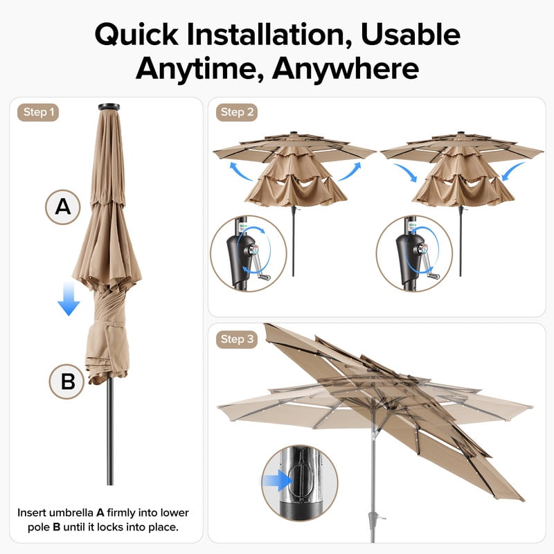 Gianna 10 FT 3-Layer Solar Patio Umbrella, 32 LED Lights Market Umbrella with Adjustable Tilt, 8-Rib Outdoor Sunshade for Backyard, Deck and Poolside，Khaki
