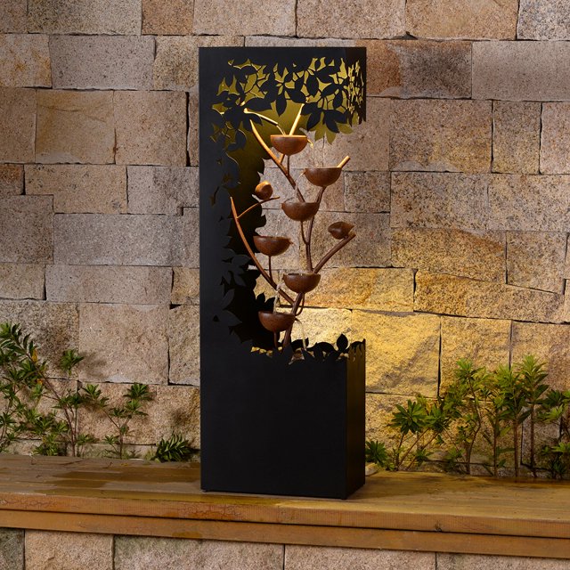 Black LED Fountain with Hollowed Flower & Bowl Design - Outdoor