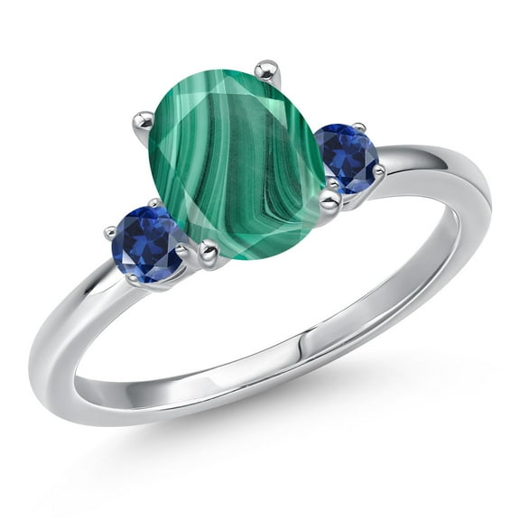 Gem Stone King 14K White Gold Green Malachite and Blue Created Sapphire Engagement Ring for Women | 2.78 Cttw | Oval 9X7MM | Gemstone Birthstone | Size 5