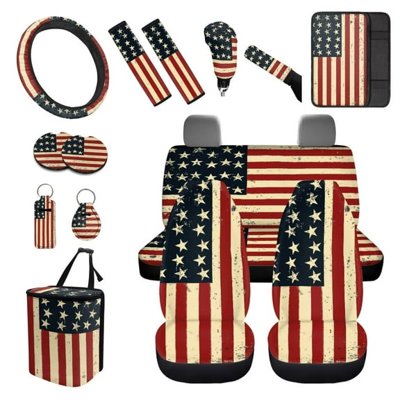 XYZCANDO American Flag Car Coasters Trash Can Lipstick Cover Handbrake Cover Fender Cover Keychain Seat Belt Cover Armrest Cover Steering Wheel Cover Car Cushion Cover Fashion