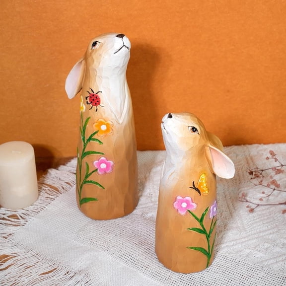 Hand-Painted Wooden Bunny Figurines – Set of 2 Handcrafted Rabbit Statues, Spring Home Decor, Easter Table Centerpiece Ornaments