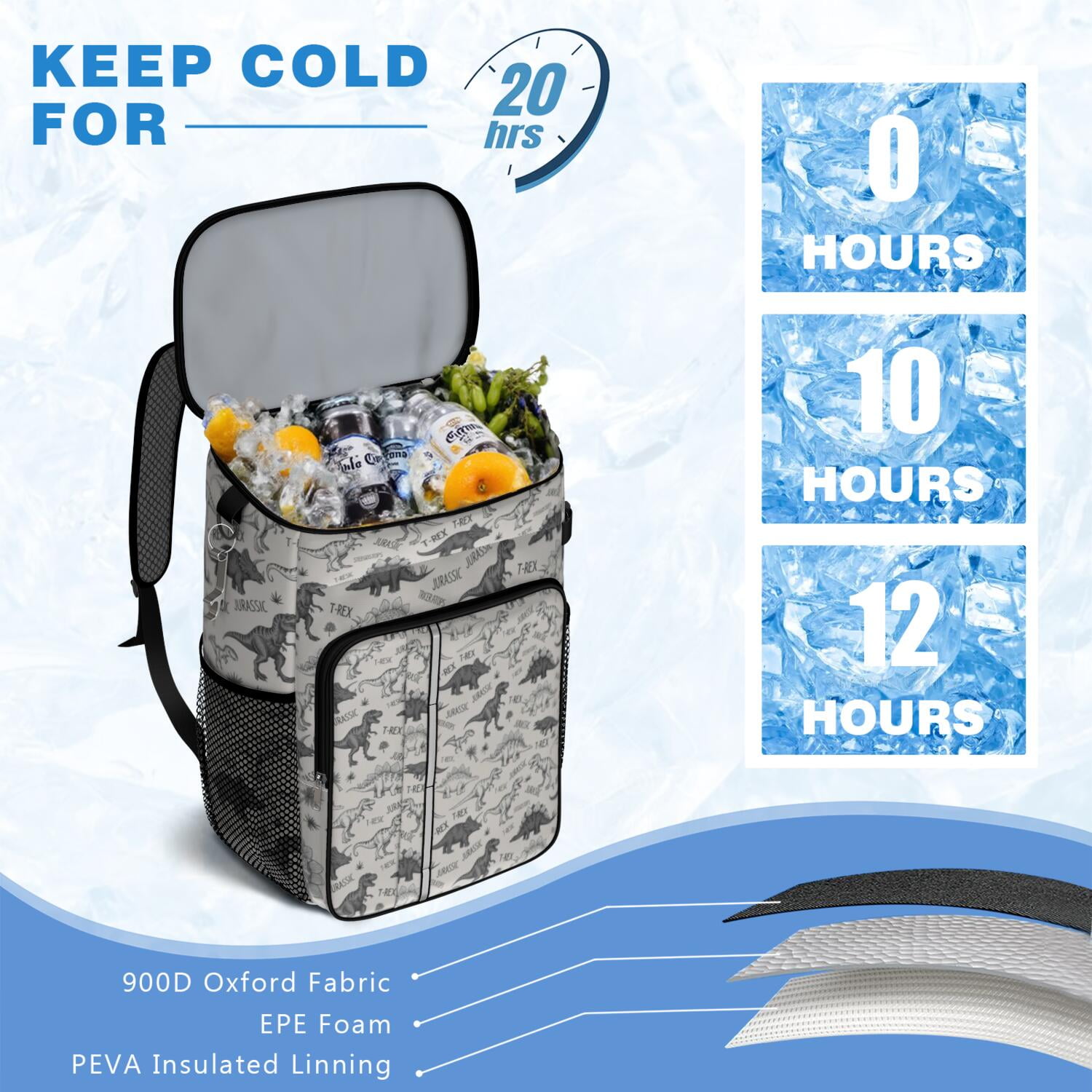 Travel Cooler Bag - Dinosaurs Jurassic Text Pattern Camping Beer Cooler Backpack with Bottle Opener- Waterproof Insulated Picnic Backpacks - Cooler Bag for Beach
