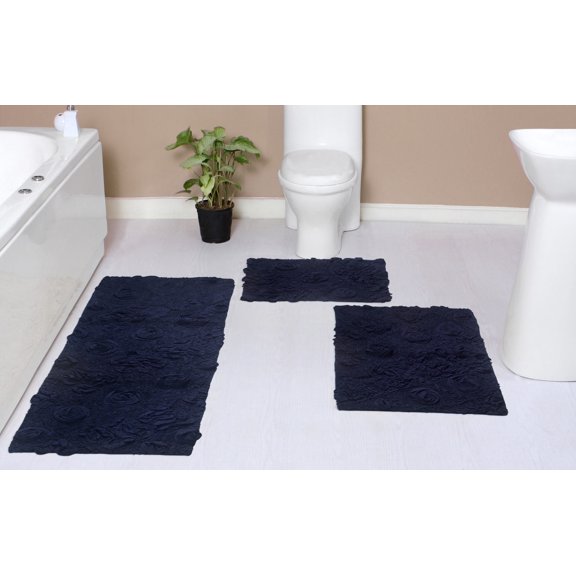 Home Weavers Modesto Bath Rug 100% Cotton Non-Slip Bathroom Rug Set Machine Washable Bathroom Rug-17"x24", Bath Rug- 21"x34", Runner- 21"x54", Navy Color 3 Piece Bath Rug set