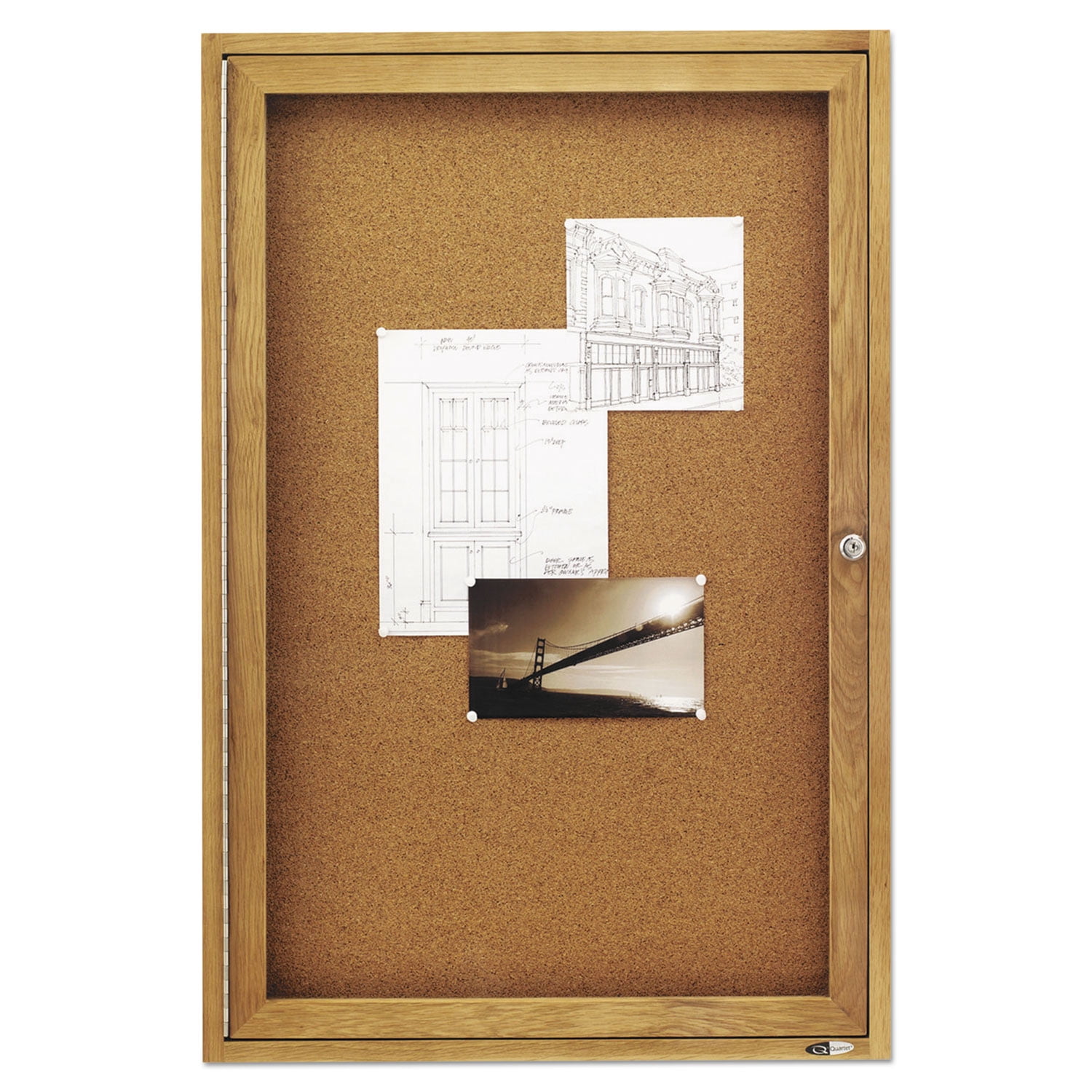 Quartet Enclosed Indoor Cork Bulletin Board with One Hinged Door, 24" x 36", Tan Surface, Oak Finished Fiberboard (MDF) Frame