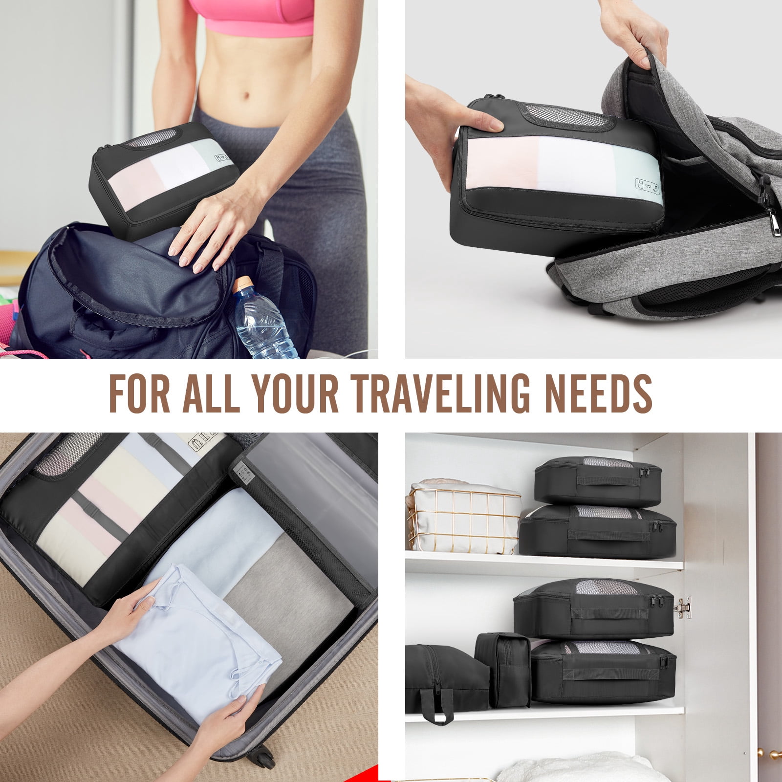 Veken 10 Set Packing Cubes for Travel Essential, Suitcase Organizer Bags in 4 Sizes, Carry-On Luggage Accessories Large Laundry Hanging Toiletry Bag for Airplane, Road Trip Camping, Black